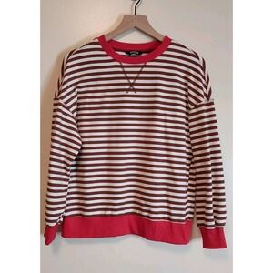 Brown White Striped Oversized Classic Crewneck Sweatshirt XS Cozy Casual Boho